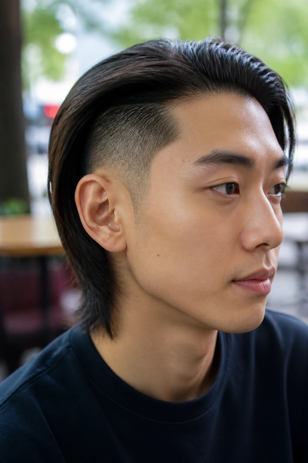 Close-up of real person with faded temple shave above the ear
