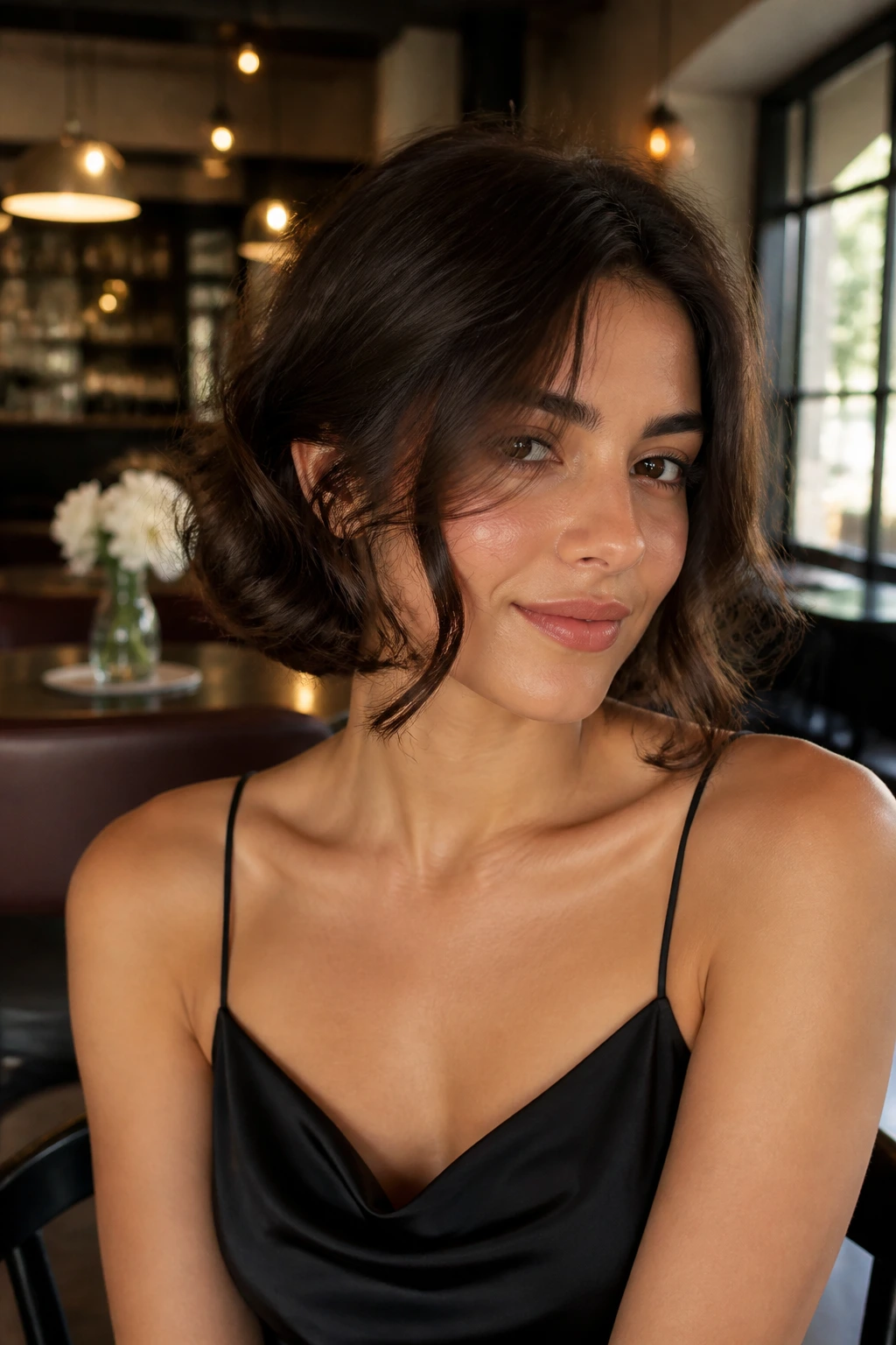 Portrait of a person with faux bob hairstyle created by tucking hair under at the nape