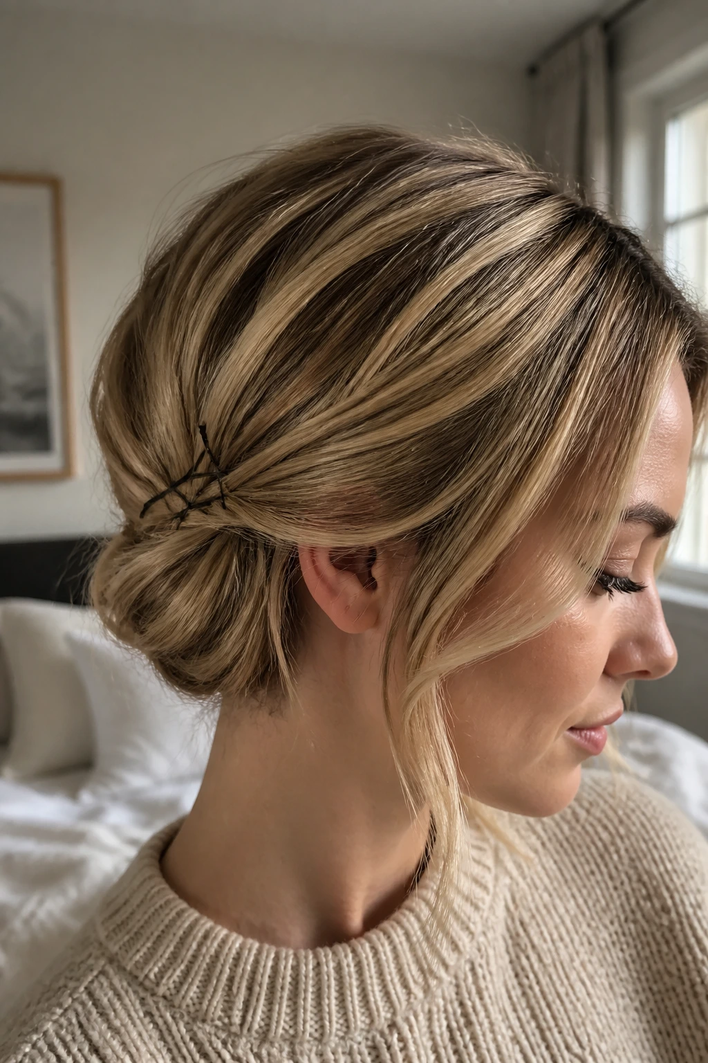 Close-up of a real woman's head with a faux-bob tuck at the nape, pins and face-framing strands