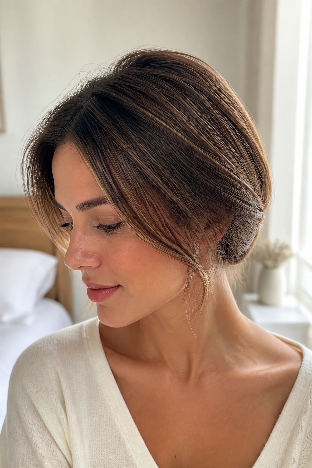 Close-up of a real woman with tucked-in faux bob at the nape