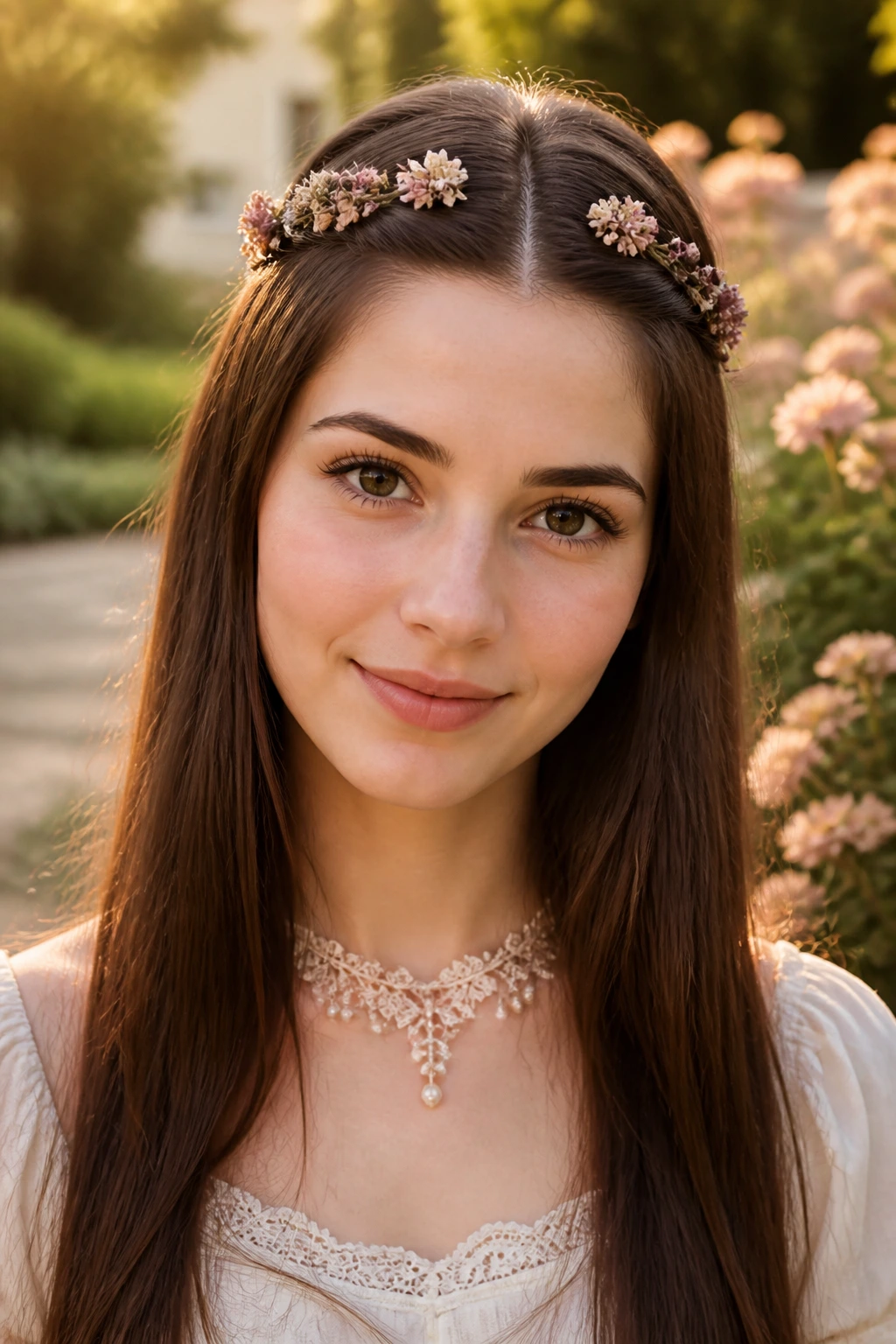 Front portrait of a woman with a faux-crown braid of dried florals along the hairline