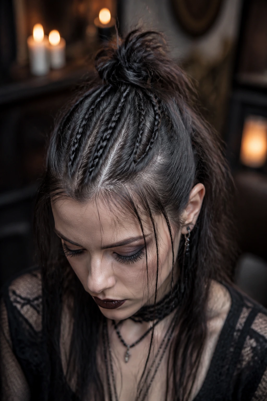 Portrait of a real person with center braids forming a wispy faux-hawk in a candlelit gothic interior