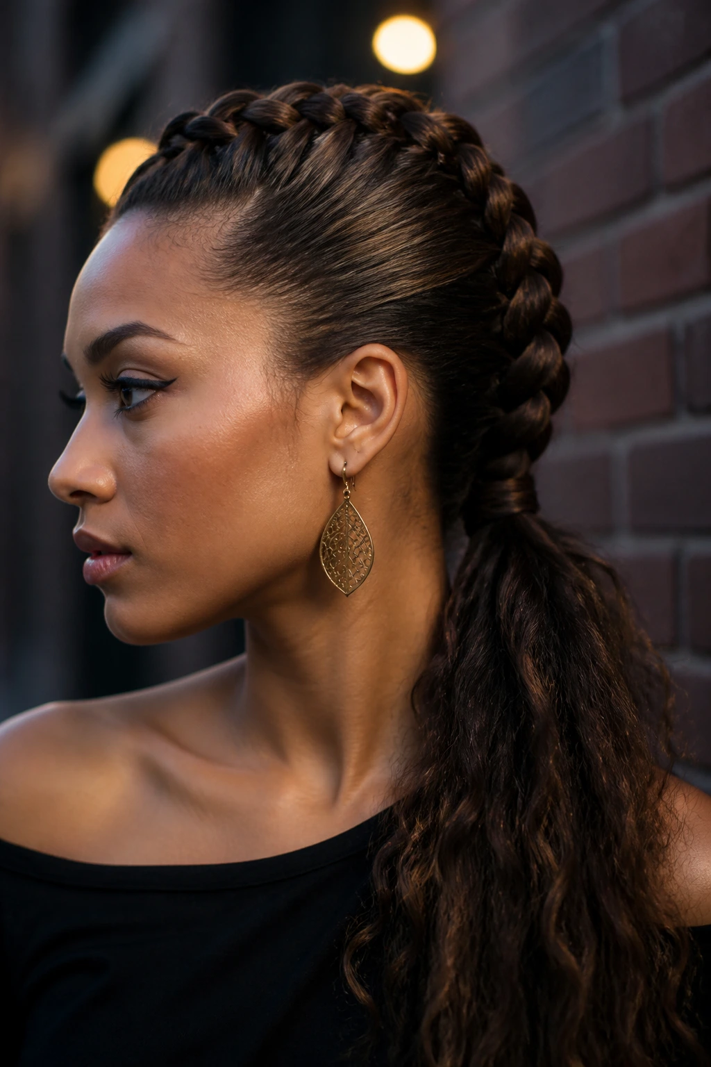 Close-up of a real woman with a faux-hawk braided tail hairstyle