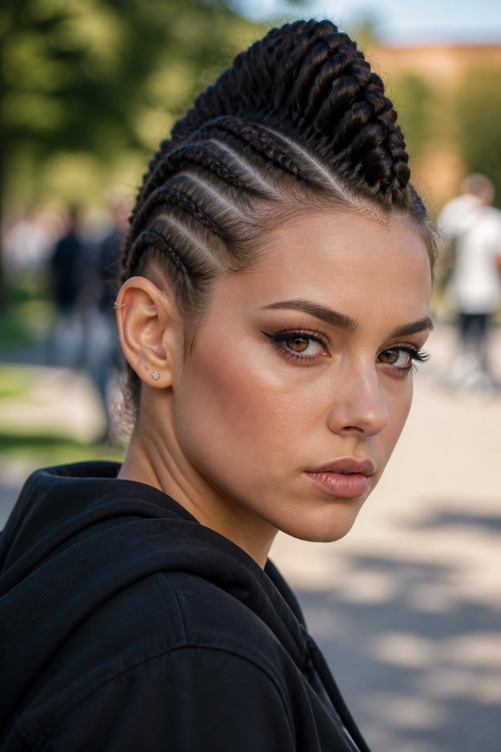 Real person with center braids forming a faux-hawk in an outdoor setting