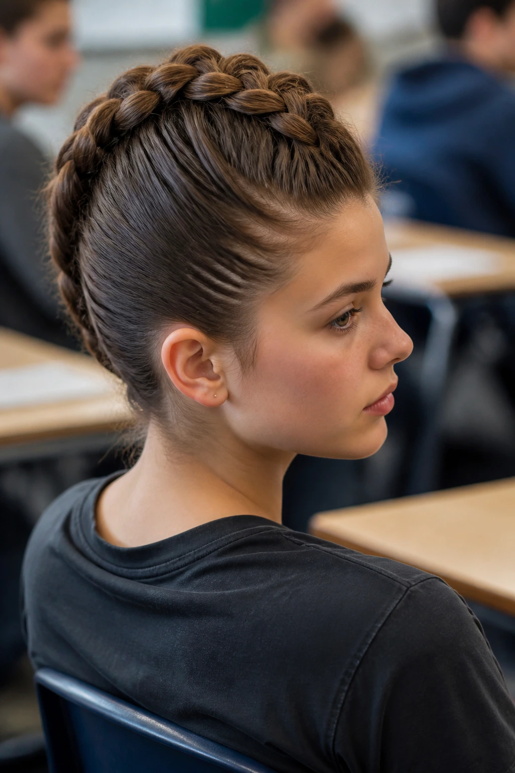 Medium close-up of a real student with a high faux-hawk braid and slick sides