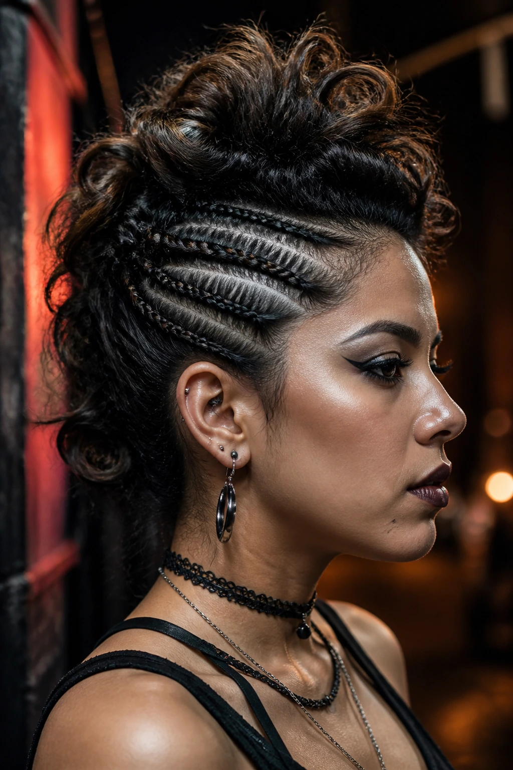 Close-up of a real person with braided sides forming a faux-hawk in urban nightlife lighting