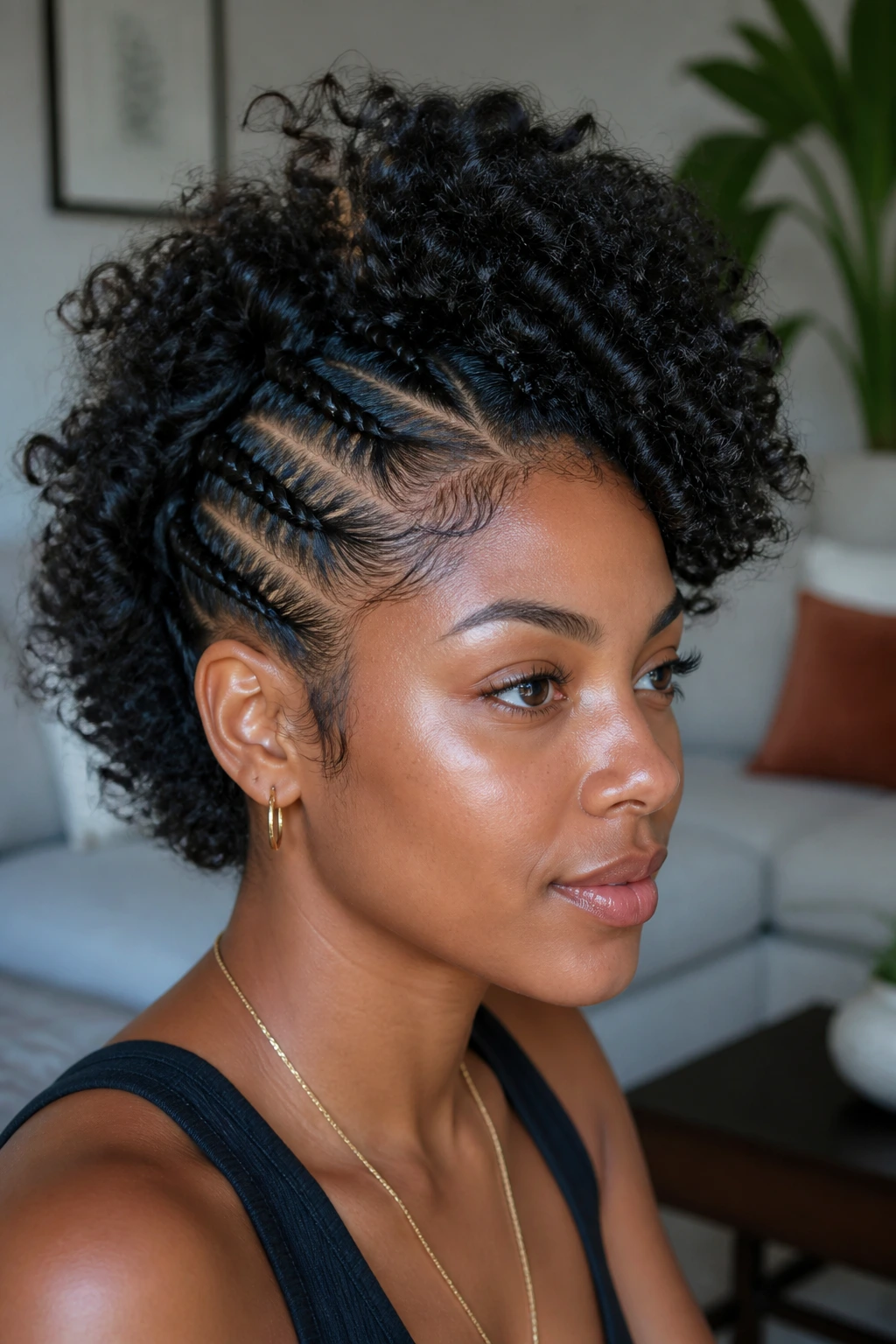 Close-up of a real person with faux hawk braided sides