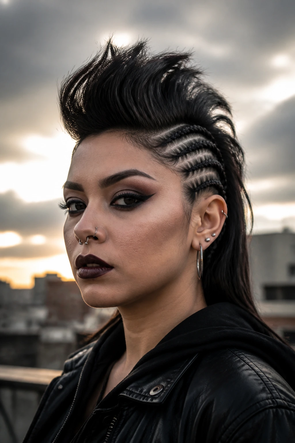 Close-up portrait of a real person with braided sides and a tall faux-hawk