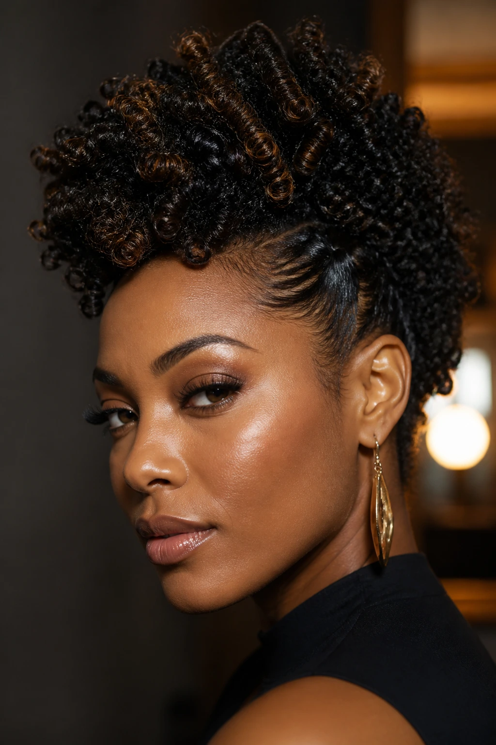 Close-up of a real woman with a faux hawk and defined coils.