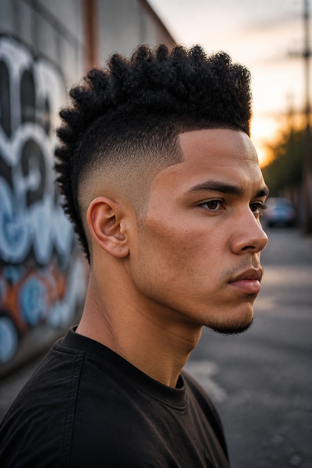 Real man with faux hawk on top and high taper in urban street setting