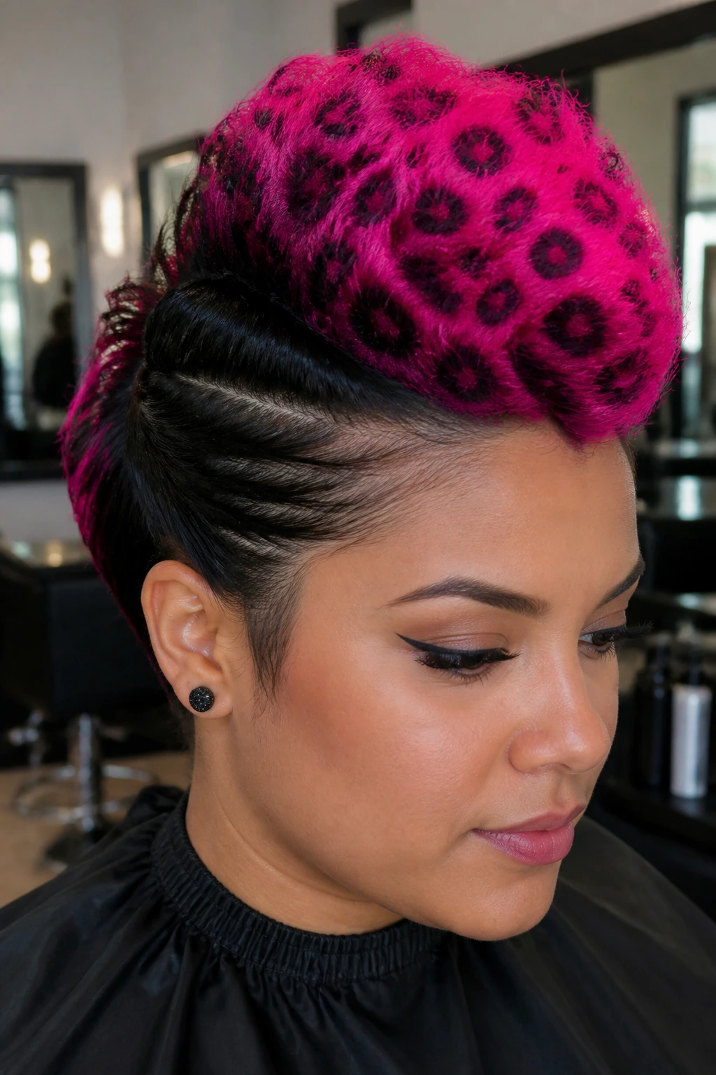 Portrait of a real woman with a hot pink leopard faux-hawk.