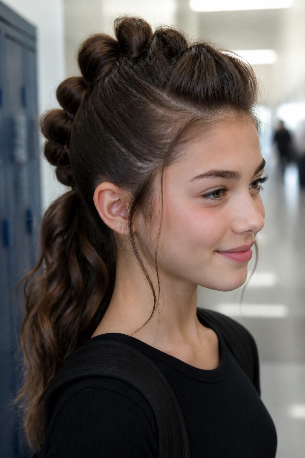 Close-up of a real person with a faux hawk ponytail hairstyle