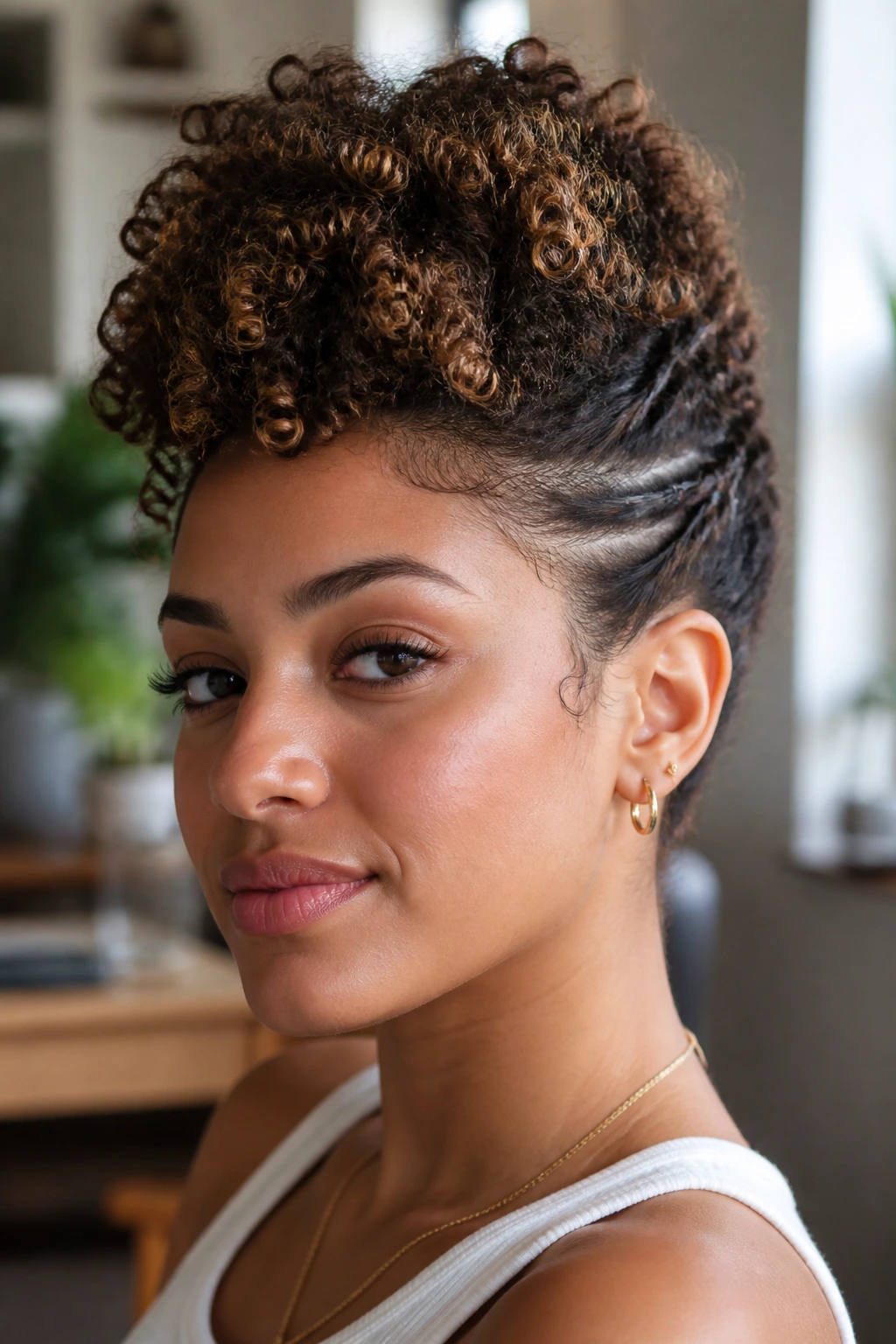 Close-up of a real person with a faux-hawk created by side pinning.
