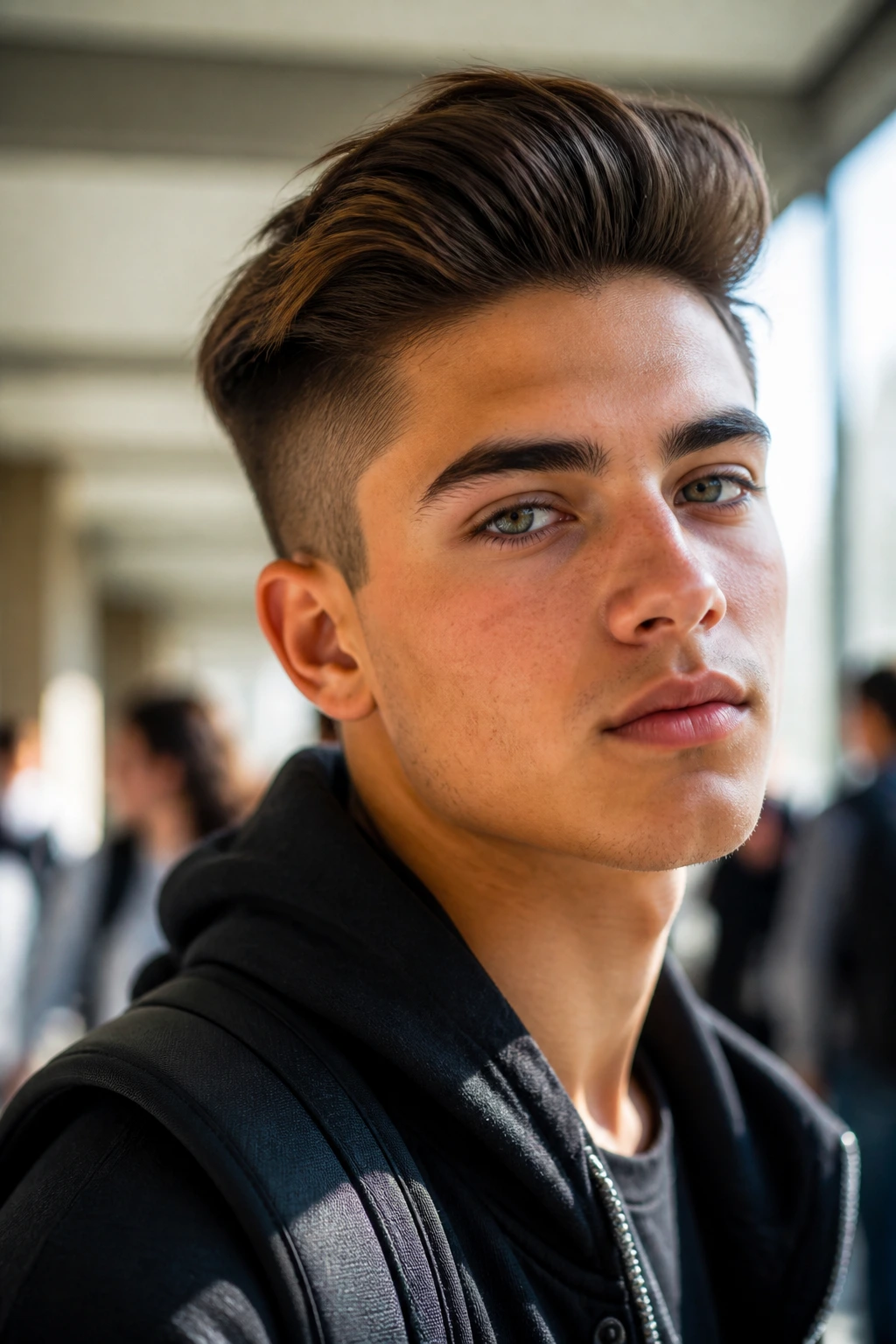 Portrait of a real student with a voluminous faux-hawk side sweep in a campus hallway