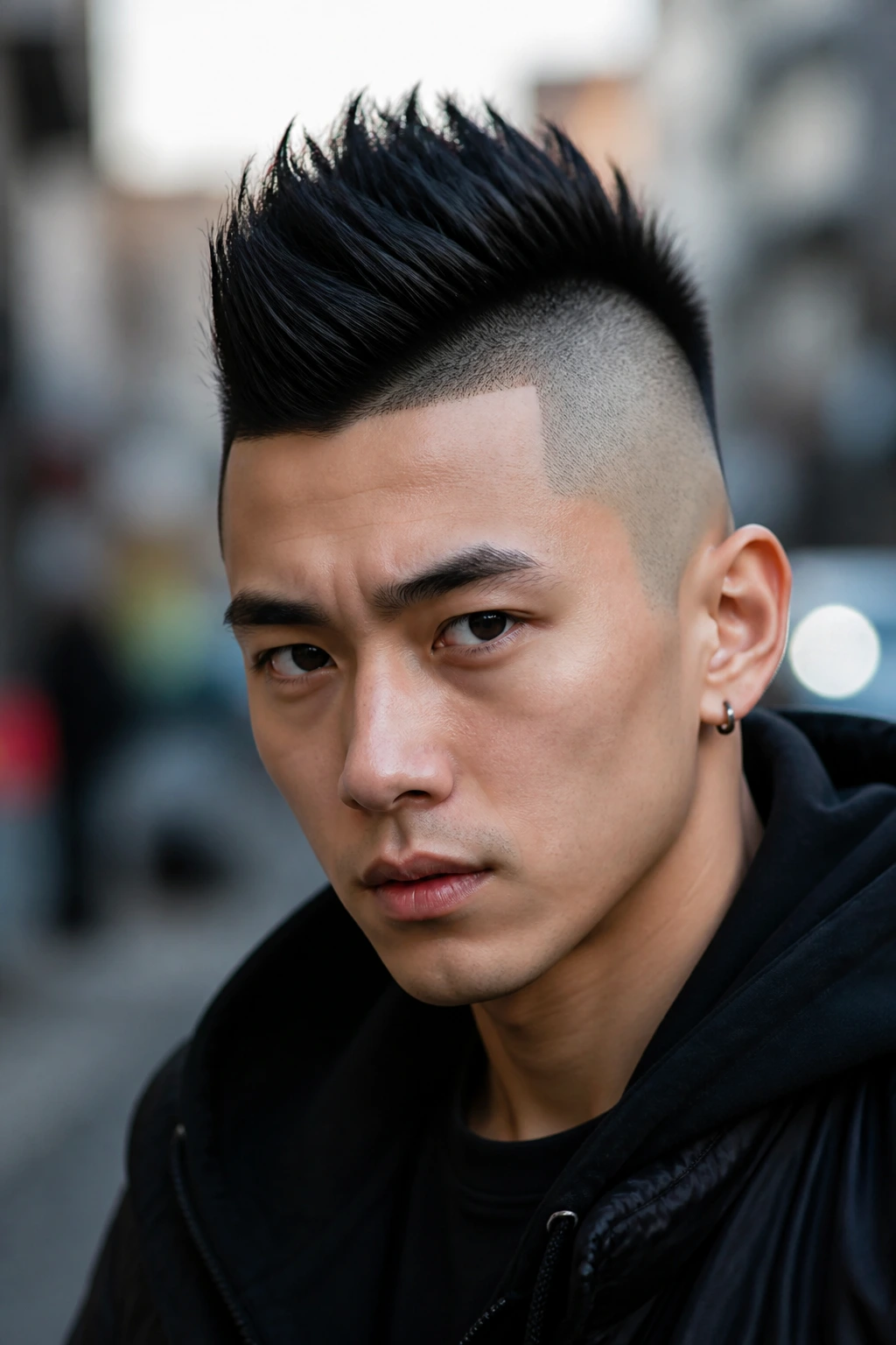 Close-up portrait of a real person with a faux-hawk and skin fade