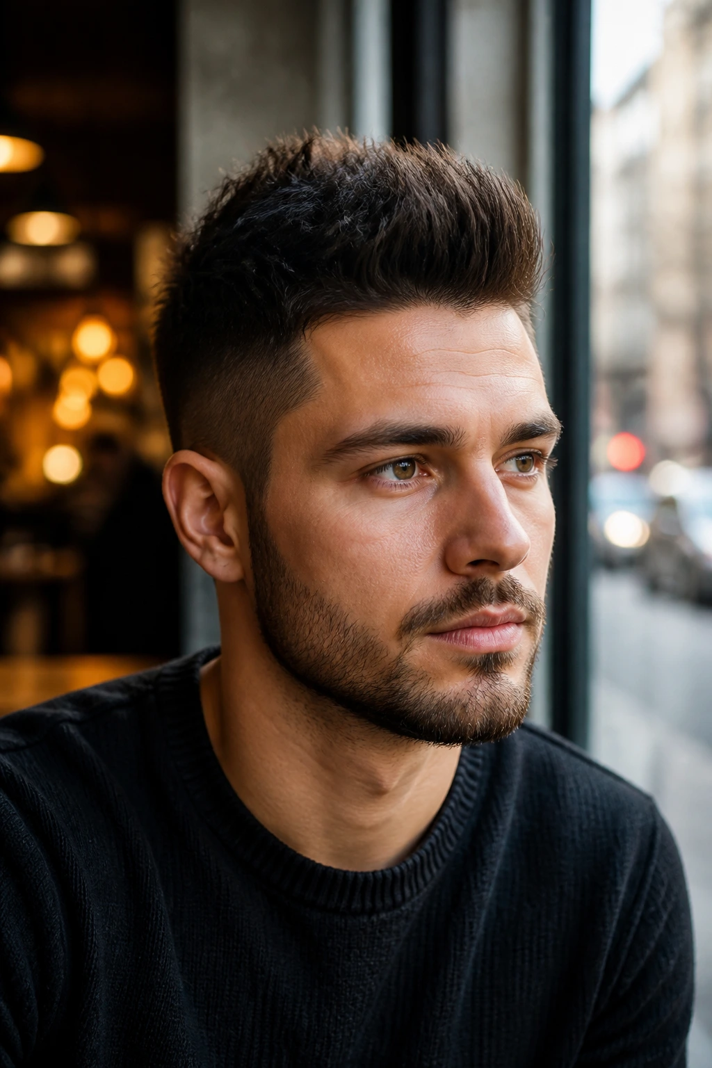 Close-up portrait of a real person with a faux hawk soft sides in cafe window light