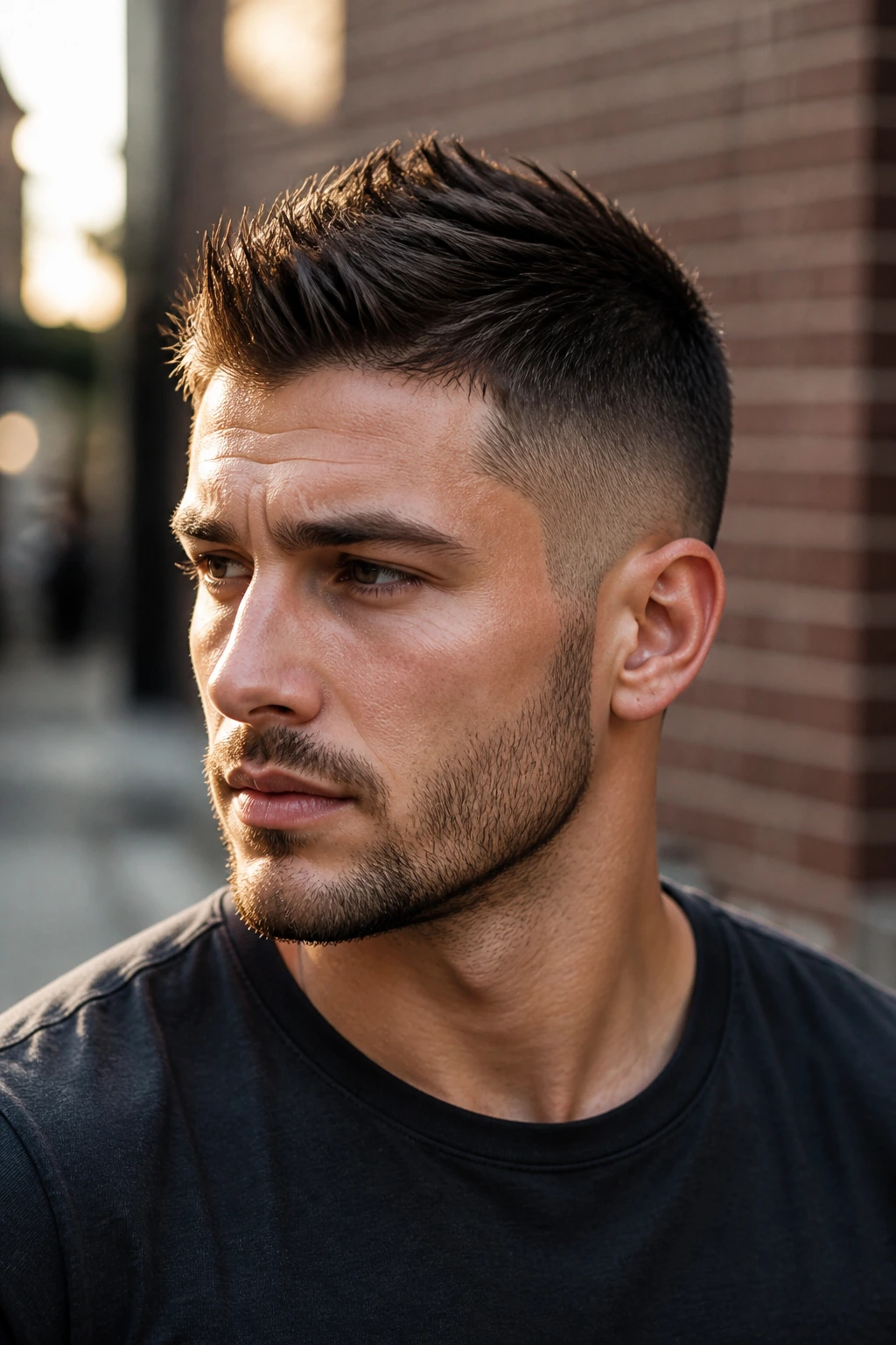 Man with tapered faux hawk in urban street light