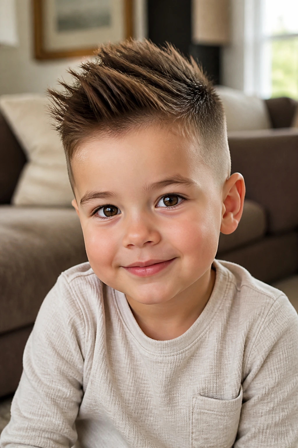 Close-up toddler with textured faux hawk and tapered sides.