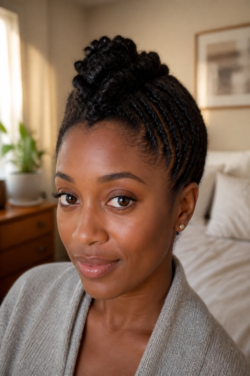 Close-up portrait of a real woman with a faux-hawk crown twist