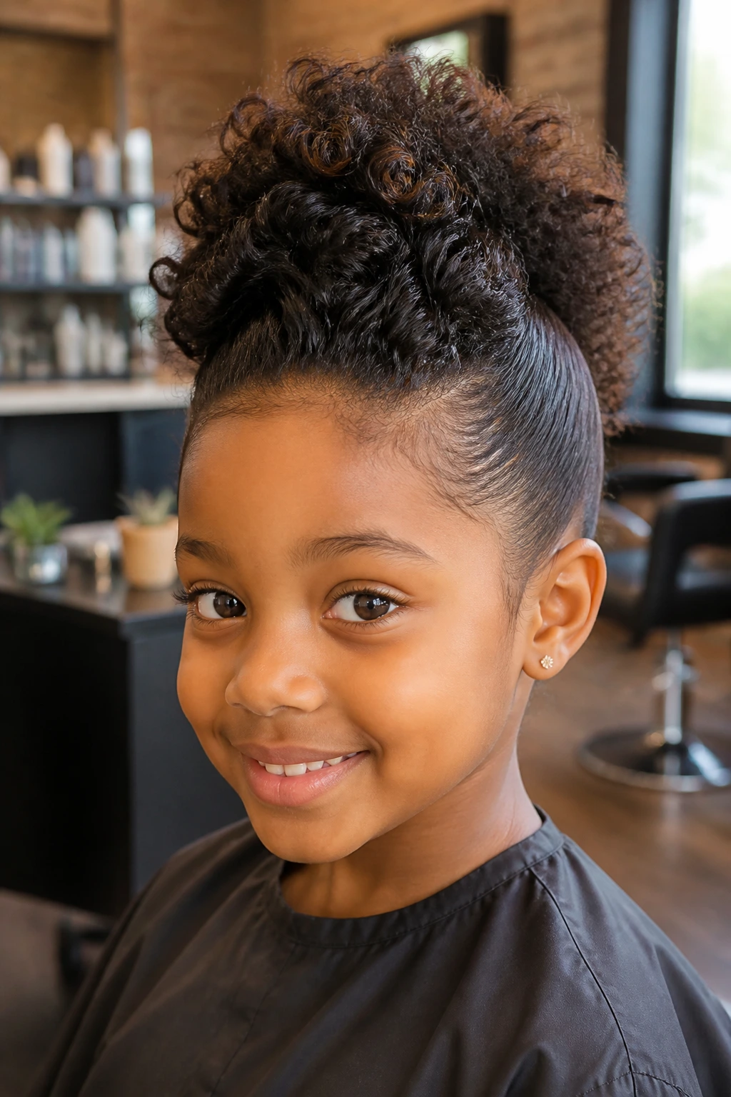 Close-up of a real child with a voluminous faux-hawk updo in a softly lit room