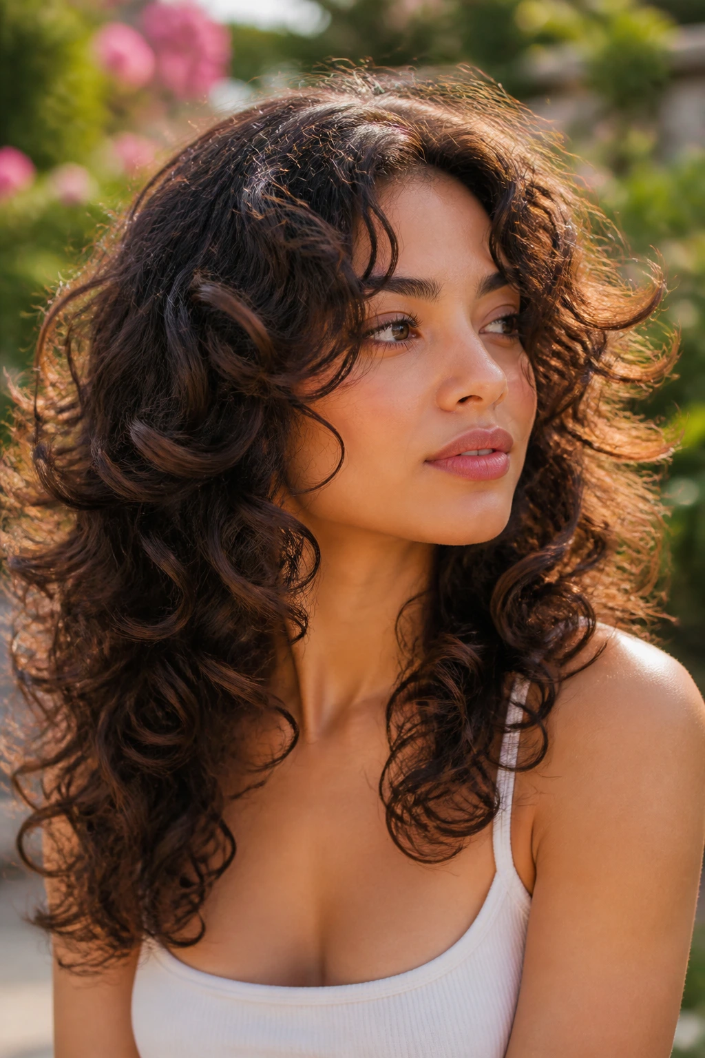 Close-up of a real person with outward-angled feathered curls forming wing shapes in a sunlit garden