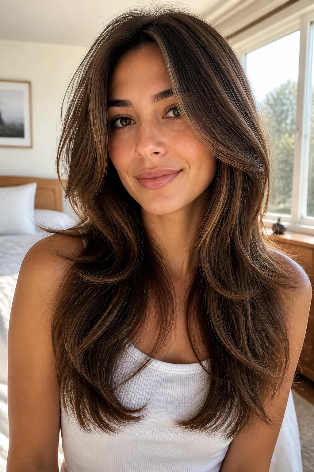 Close-up of a real woman with a softened feathered cut featuring long angled layers.