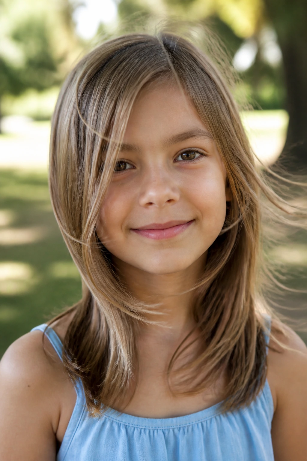 Child with feathered ends hairstyle in natural light