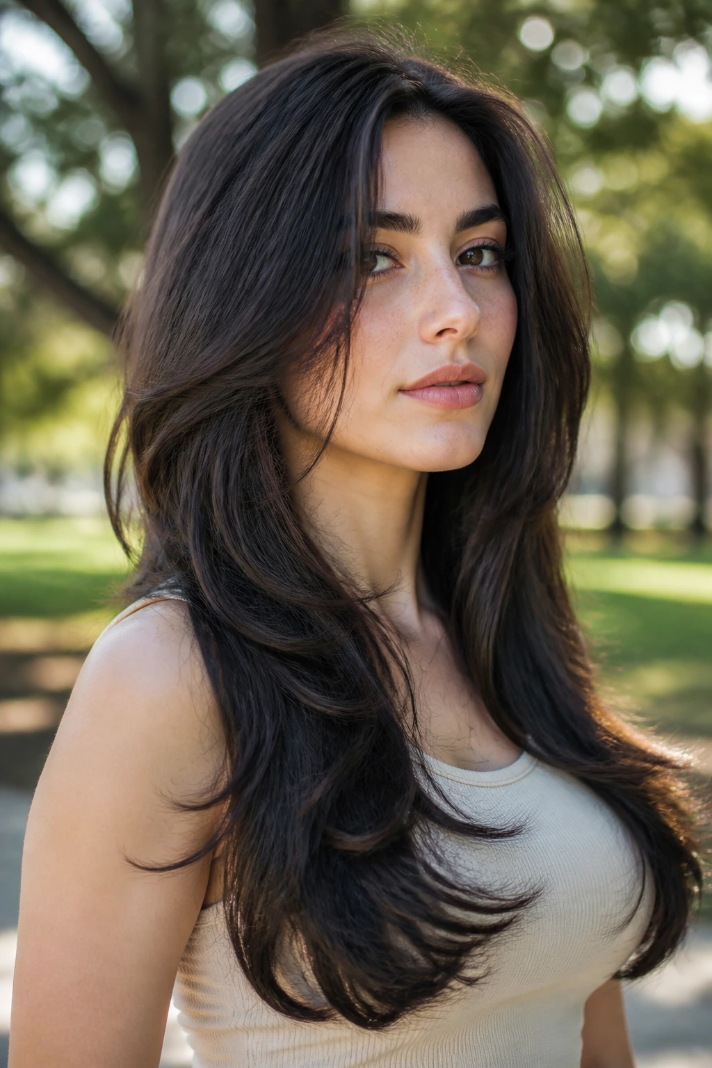 Portrait showing long hair with feathered ends flipping outward against pale skin.