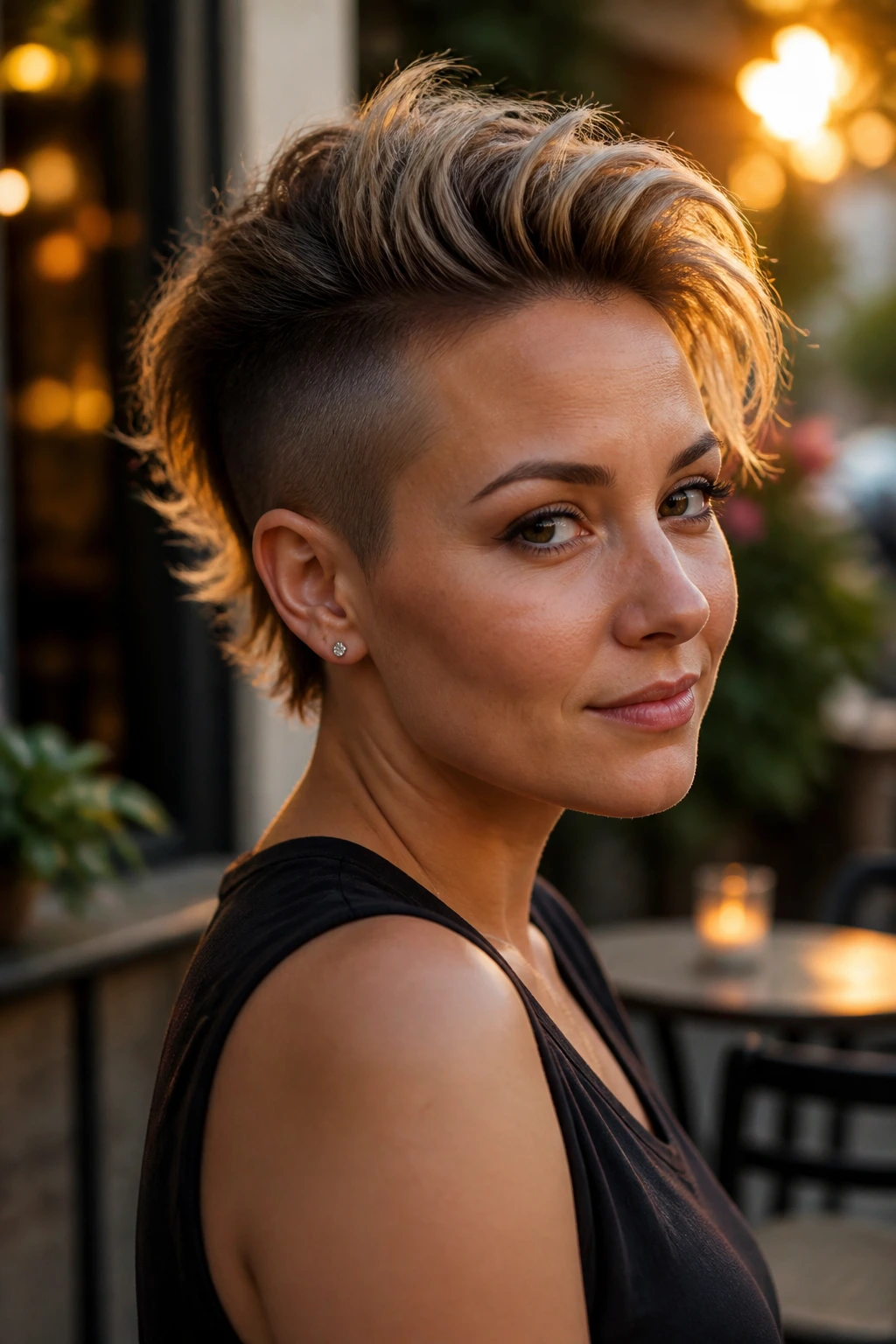 Person with a faux-hawk featuring feathered ends in warm golden hour light