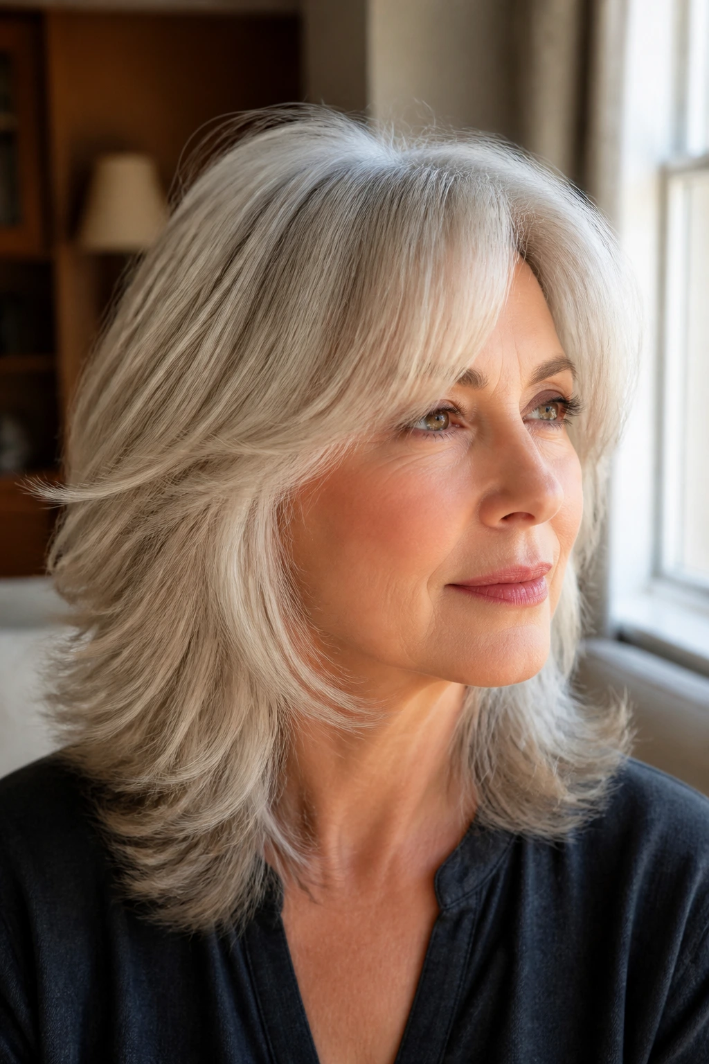 Close-up of a real woman with soft feathered layers in natural light