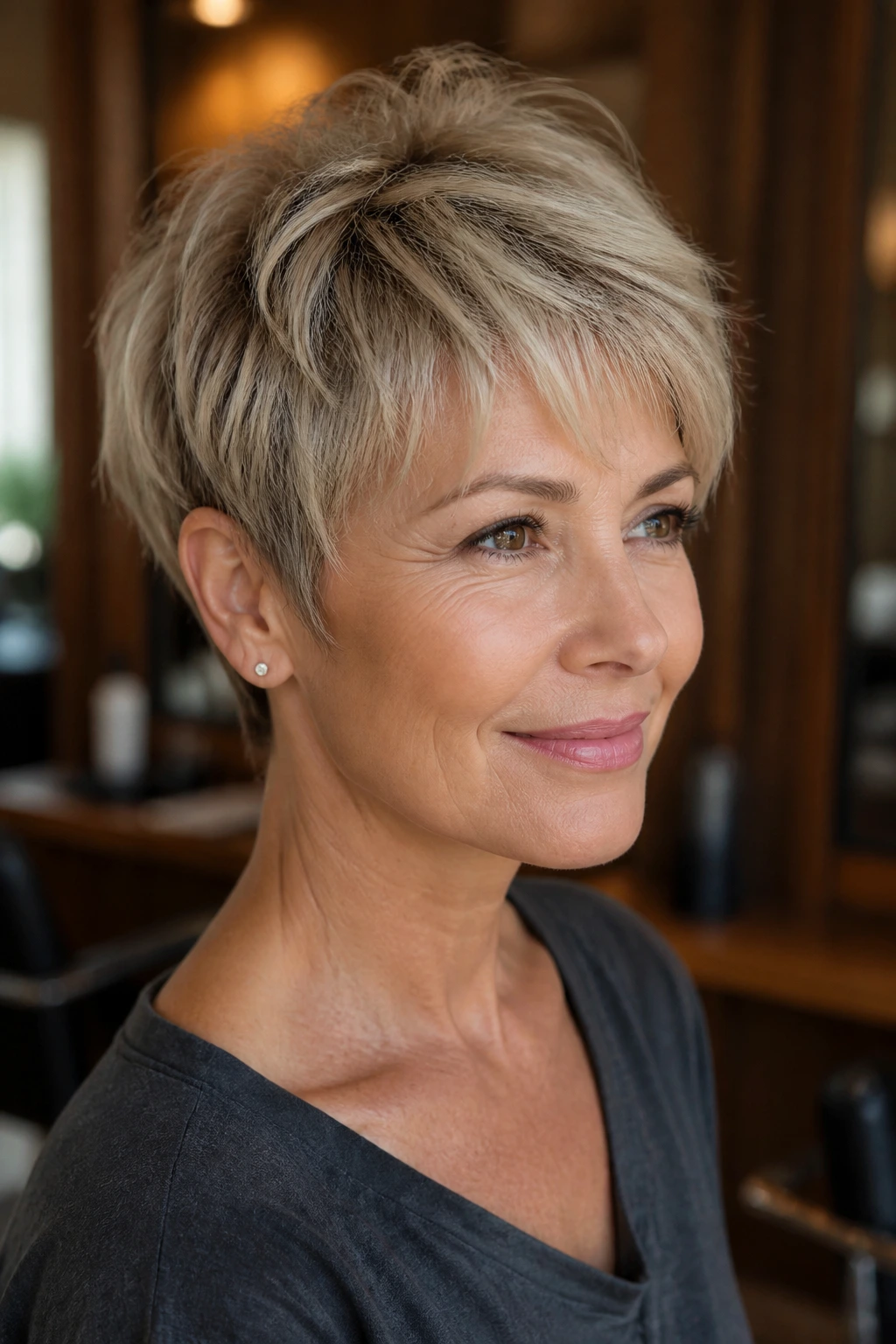Close-up of a real woman with feathered pixie haircut in a warm, sunlit salon.