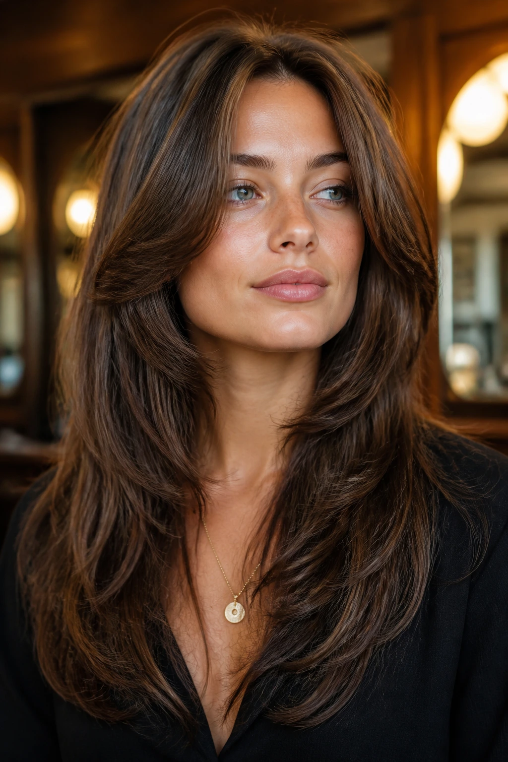 Close-up of a real woman with long feathered layers forming a V-cut