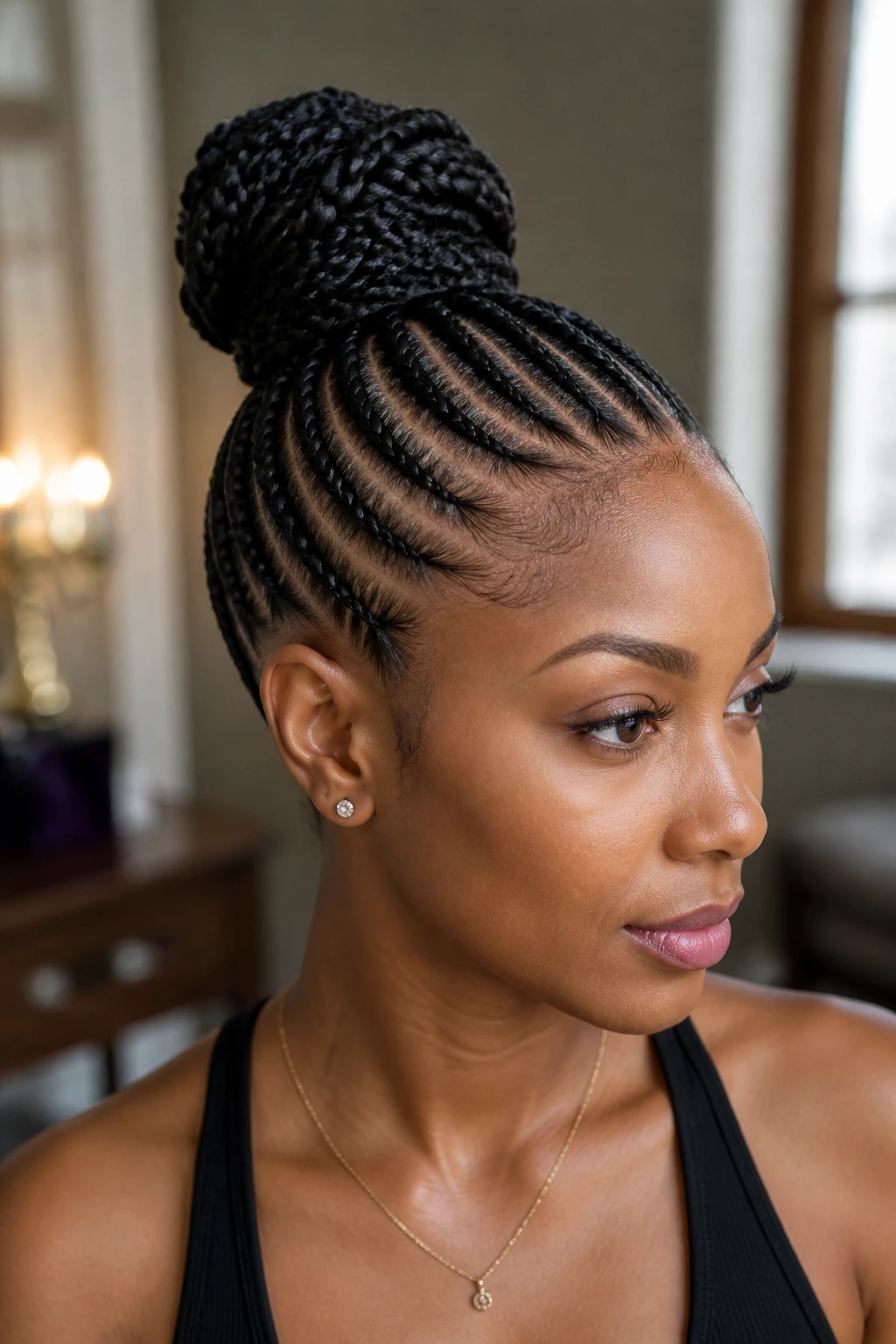 Close-up of a real woman with feed-in braids and a high bun