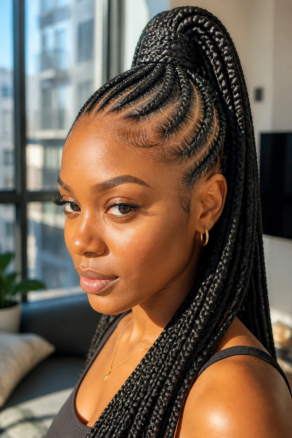 Close-up of a real person with feed-in braids forming a high ponytail.