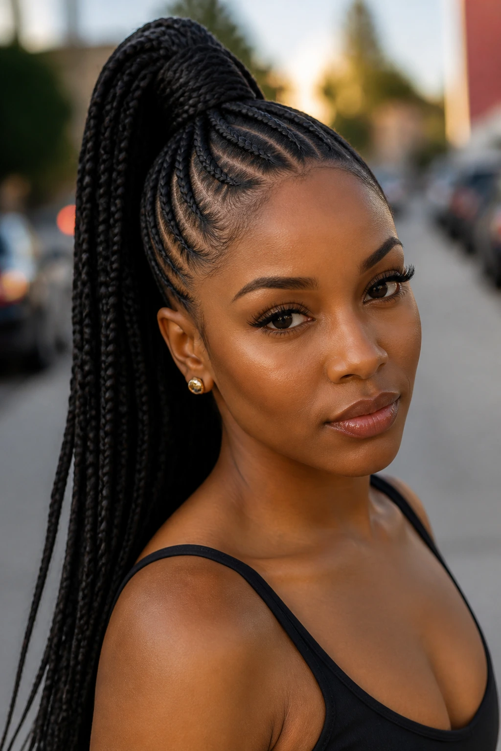 Portrait of a woman with feed-in braids into a high ponytail outdoors
