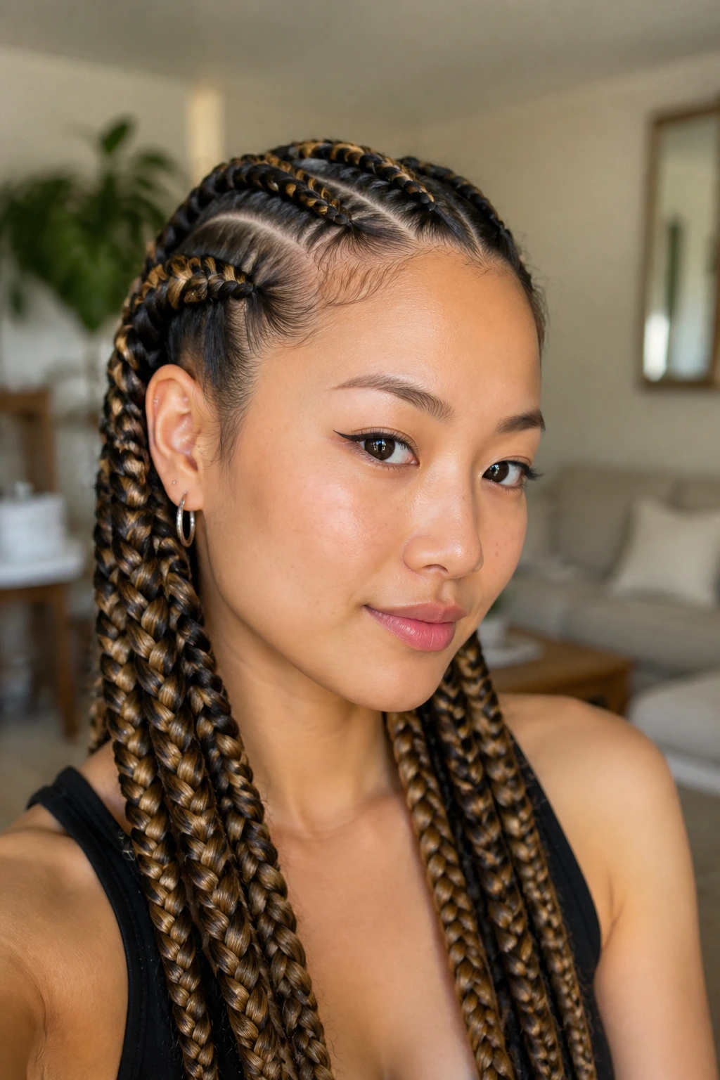 Close-up of a real person with double-up feed-in braids two-tone color