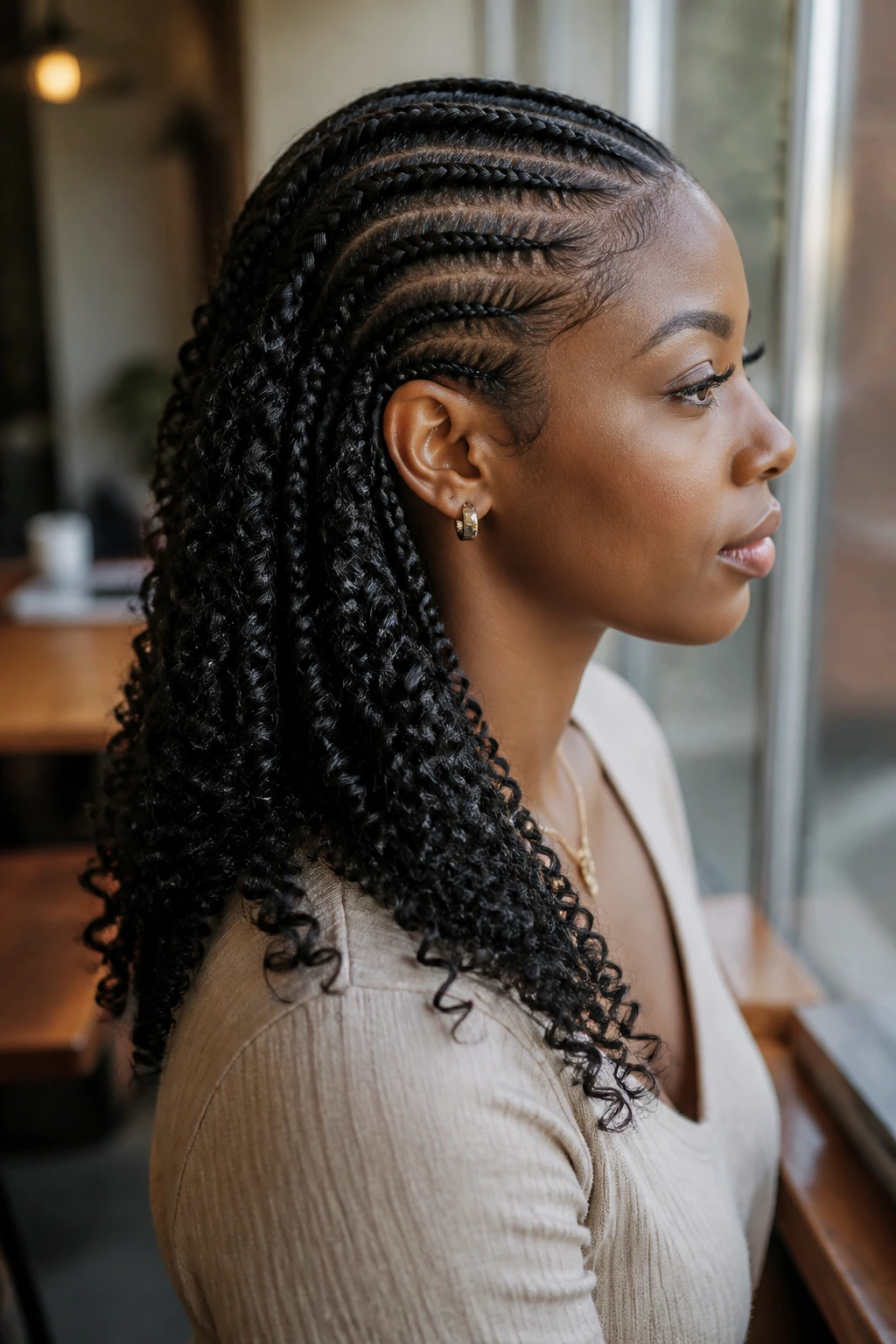 Feed-in cornrows tapering into curly tails on a real woman, side profile