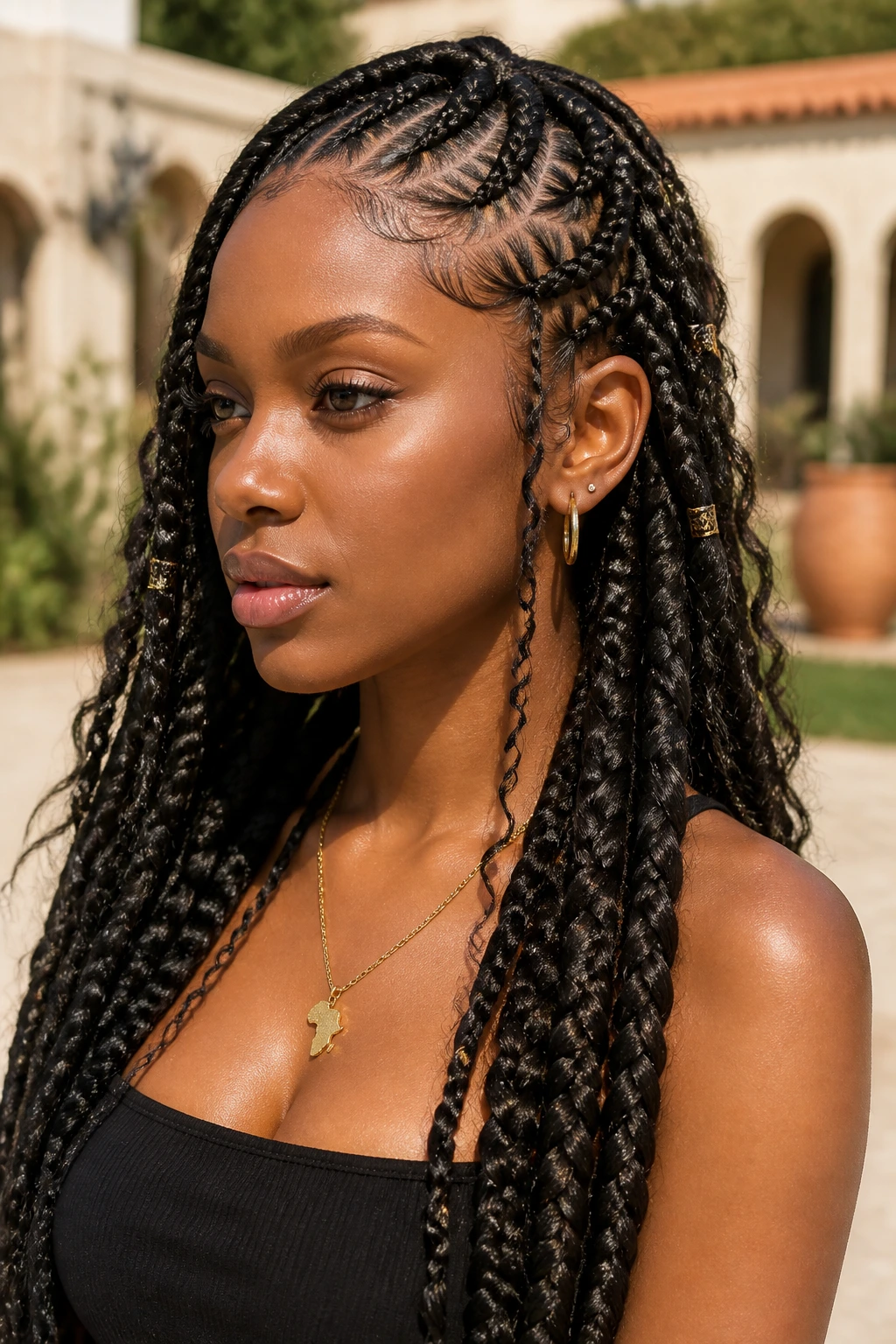 Close-up of a real woman with feed-in goddess braids