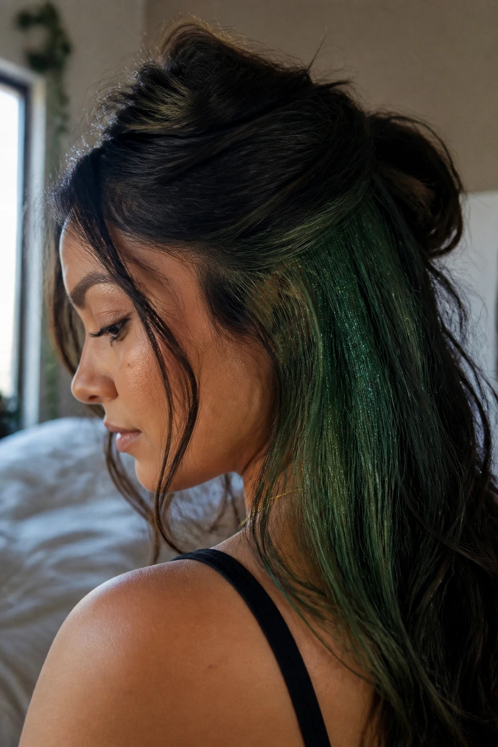 Back view showing fern-green glitter under-layer streak peeking through