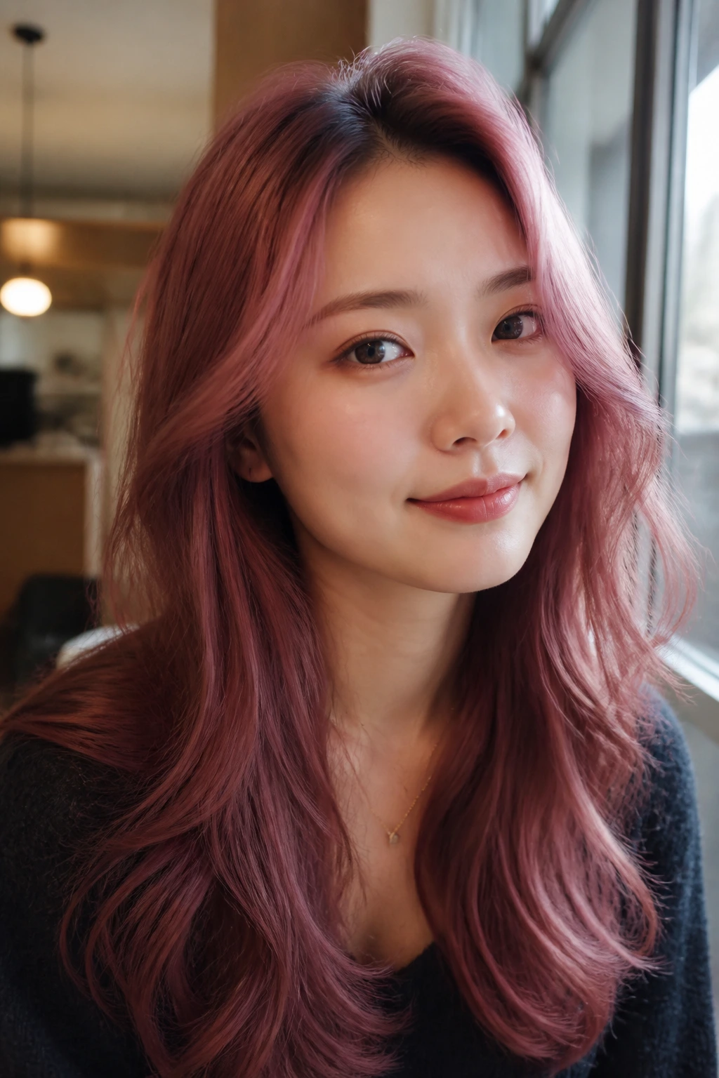 Close-up of a real person with rose-wine hair in soft window light