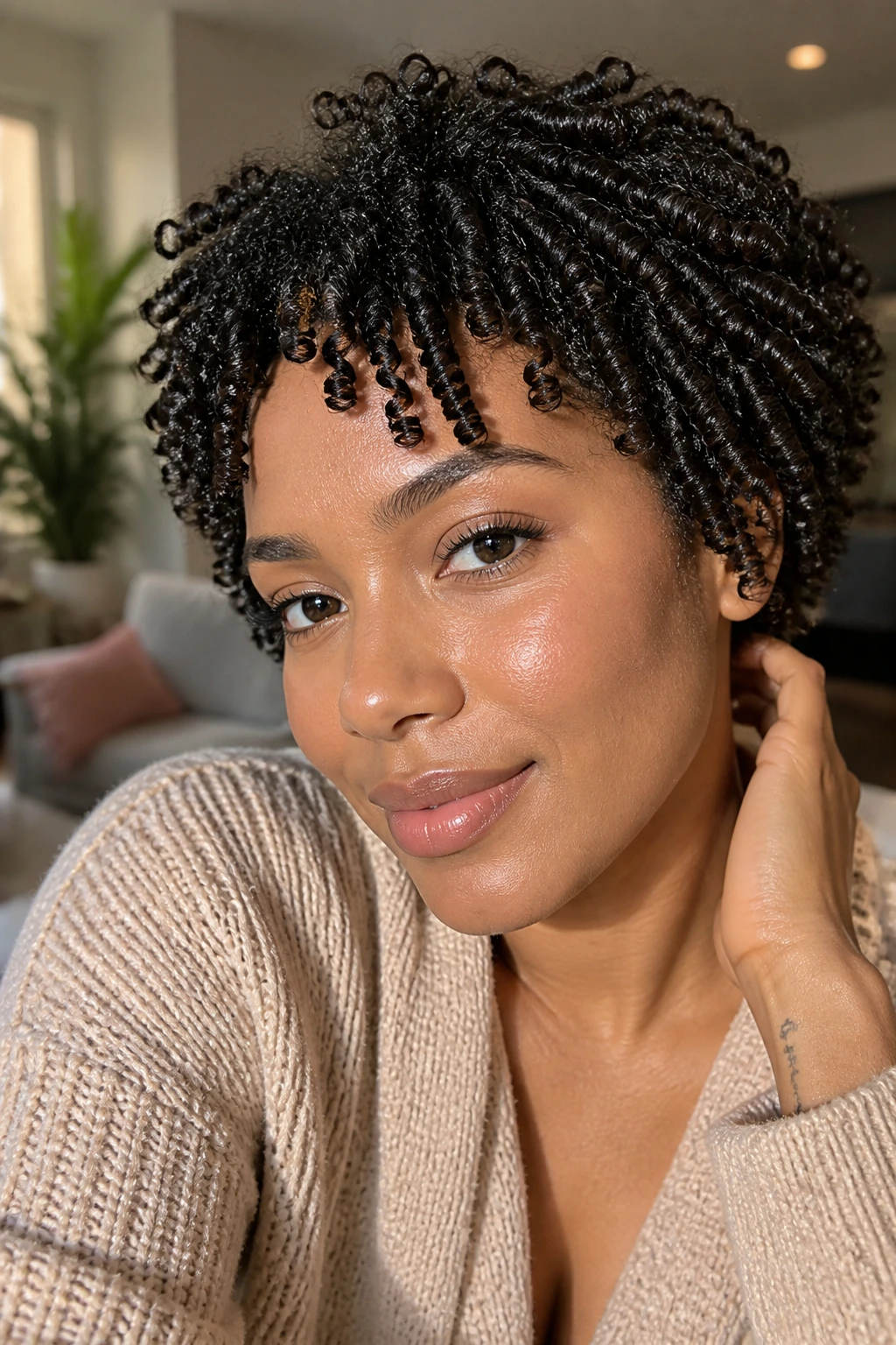 Real woman's finger coils hairstyle close-up