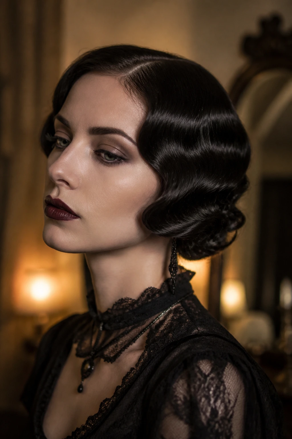 Close-up of a real woman with finger waves forming a faux bob in a vintage dressing room