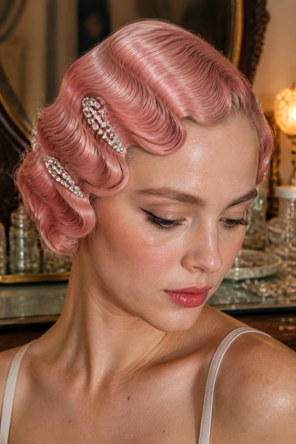 Pastel pink finger waves with jeweled clamps on real person