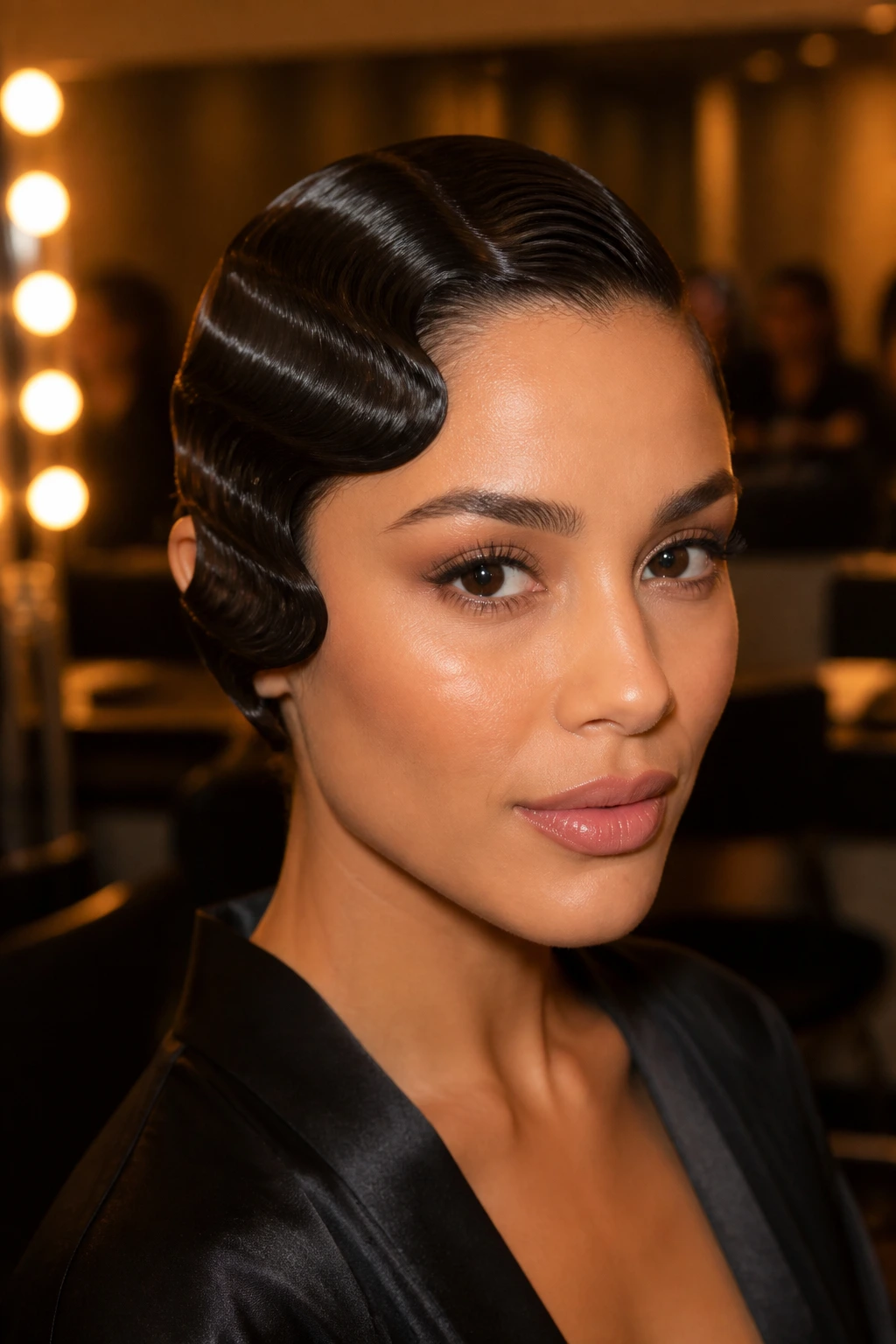 Close-up of a real woman with glossy wet-look finger waves.
