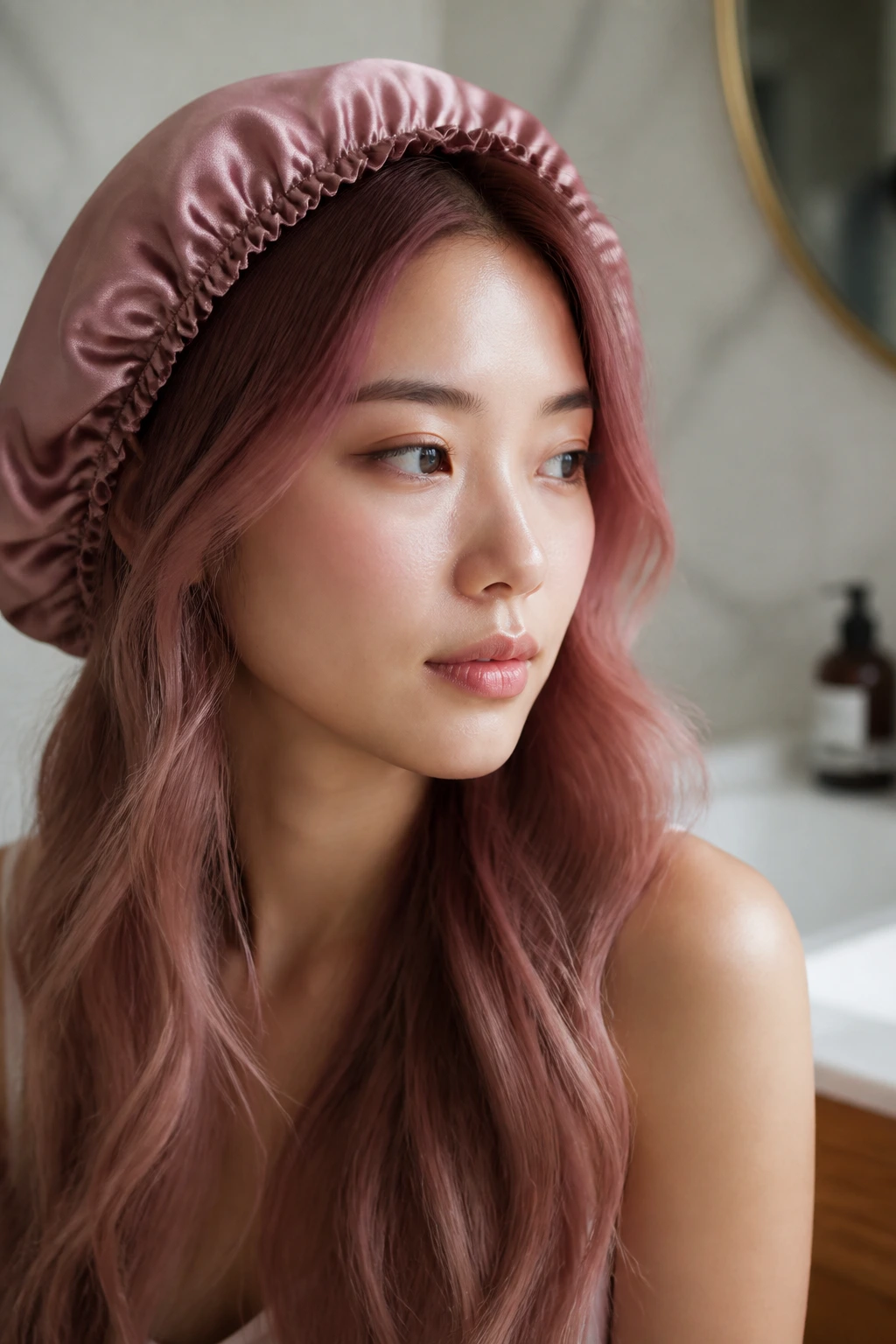 Close-up of a real woman with rose-wine hair wearing satin bonnet for first-week care