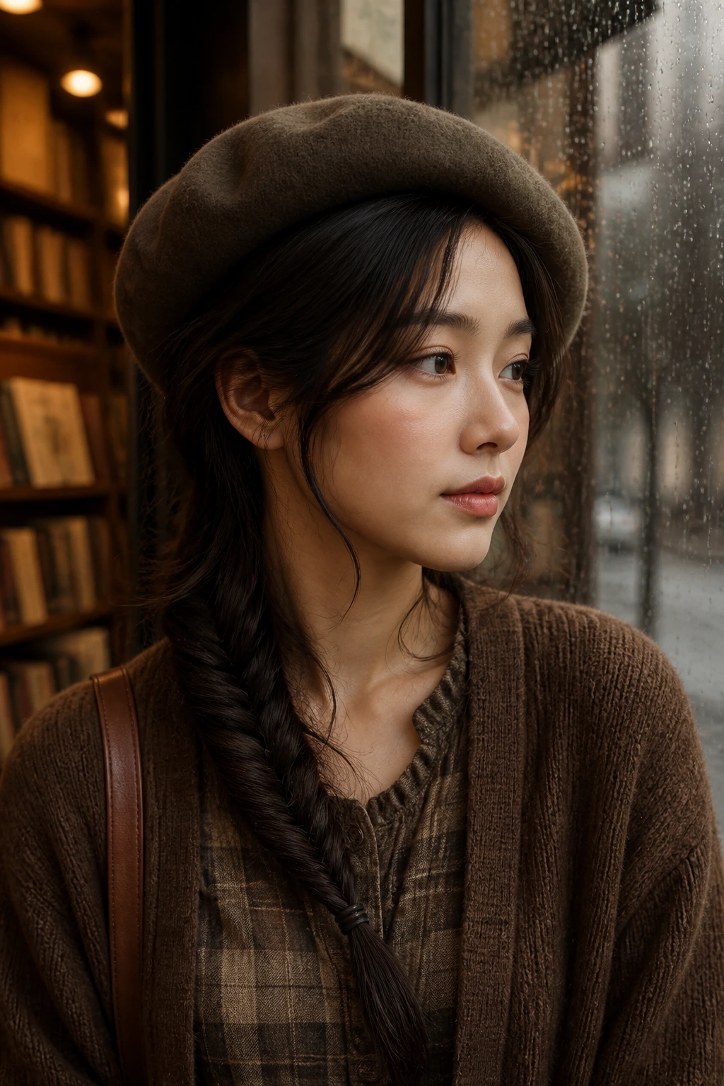 Close-up of a real woman with fishtail braid and beret in a bookstores setting