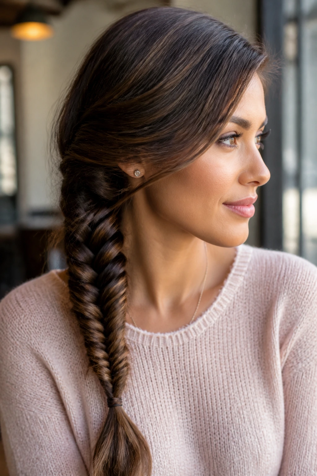 Profile portrait of a woman with a sideswept fishtail braid