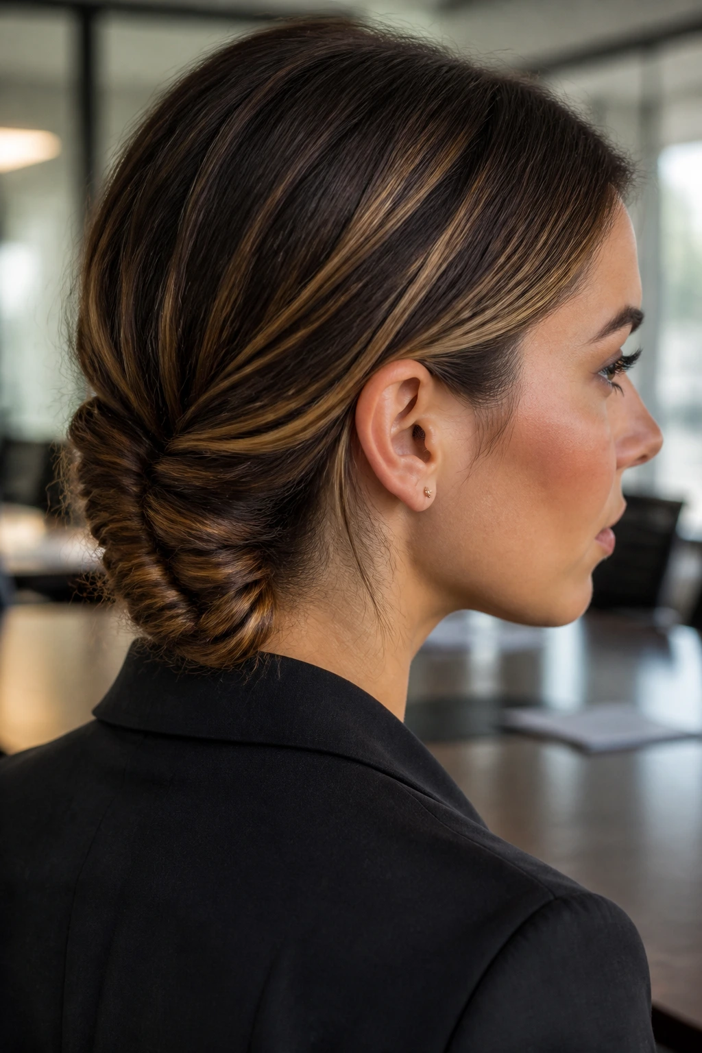 Close-up of a real woman with a low-slung fishtail braid at the nape in an office setting