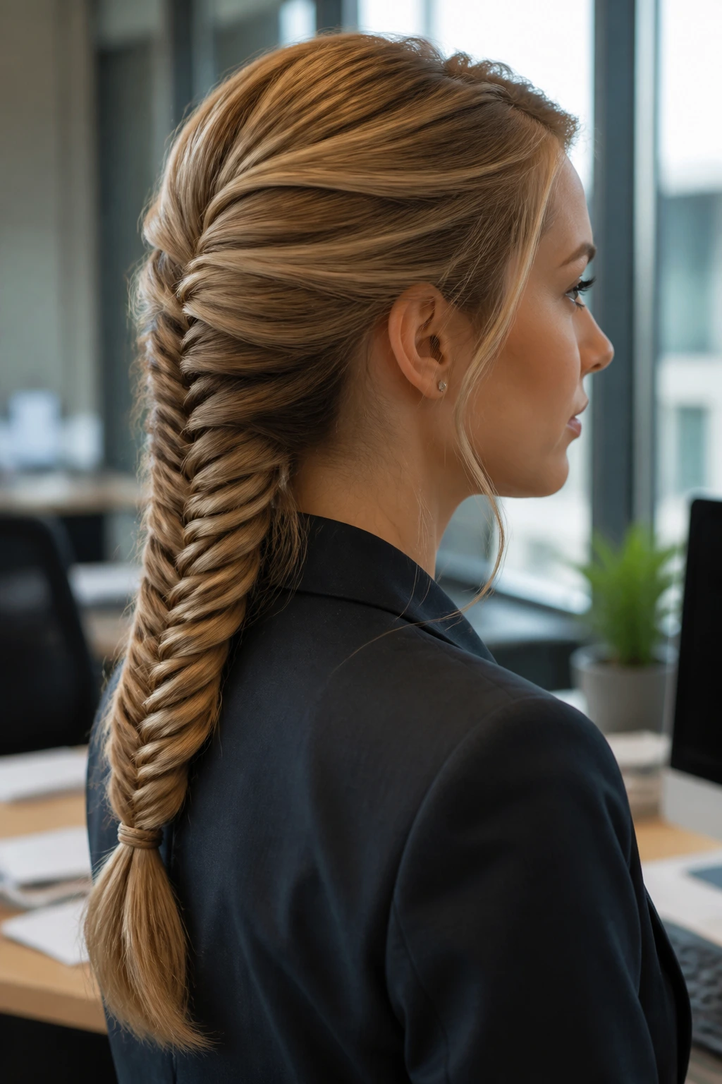 Side-profile of a real woman with a tight wrapped fishtail braid in an office