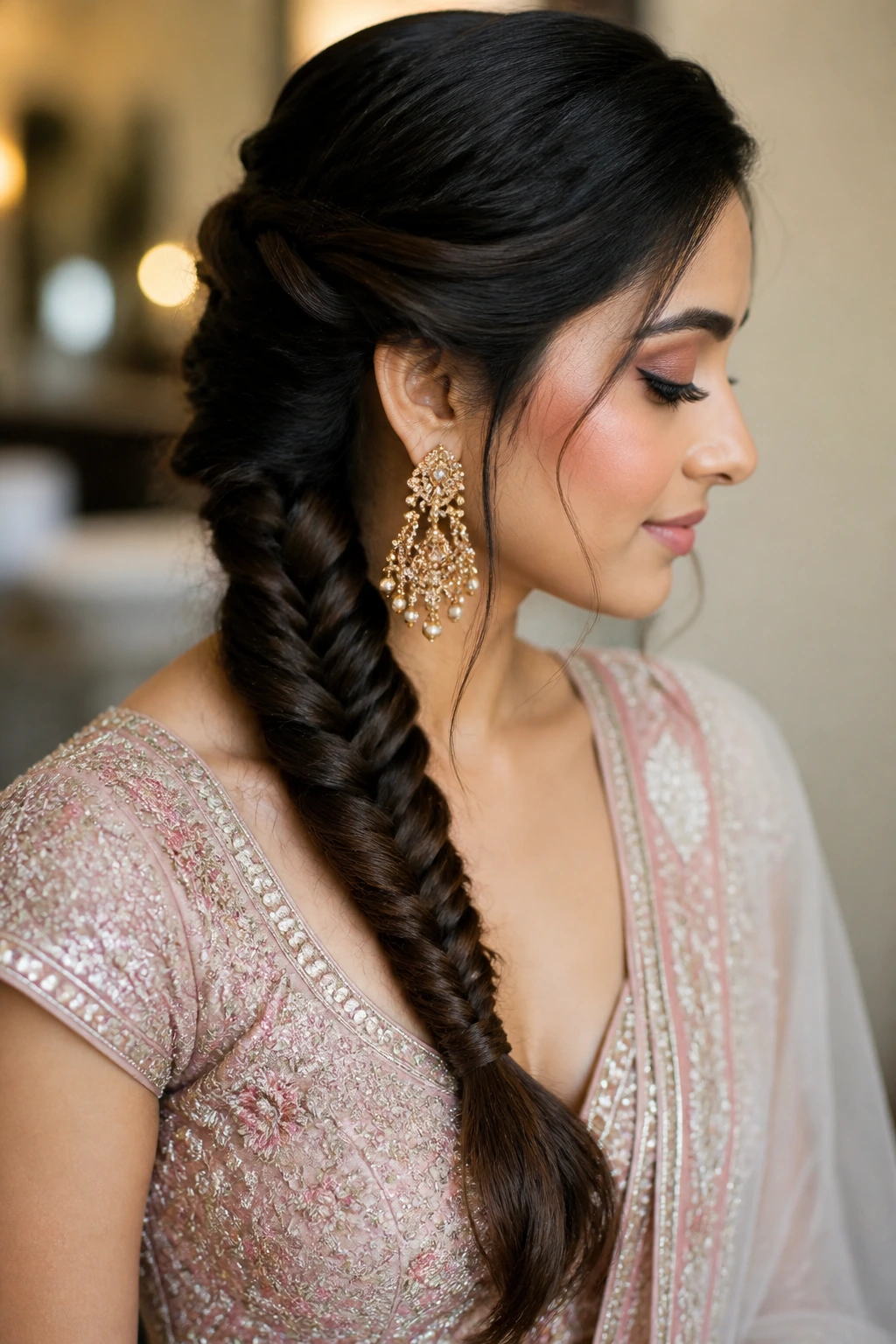 Side-profile of a fishtail braid along the head and shoulder